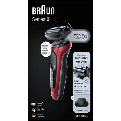 Afeitadora - Braun Series 6 61-R1200S, 3 Cuchillas, Afeitadora eléctrica para barba, EasyClick, Wet & Dry, Rojo
