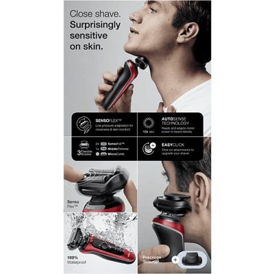 Afeitadora - Braun Series 6 61-R1200S, 3 Cuchillas, Afeitadora eléctrica para barba, EasyClick, Wet & Dry, Rojo