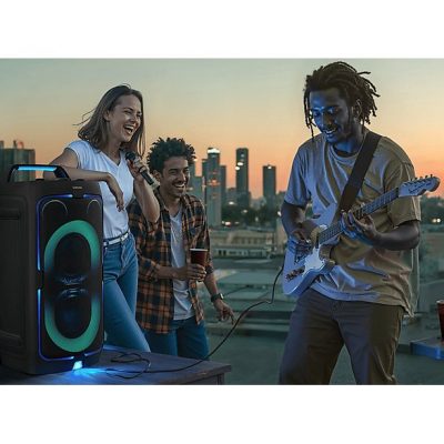 Altavoz de gran potencia - Samsung MX-ST40F/ZF, Portátil para fiestas, Asa de transporte y ruedas, Iluminación personalizable, Aut 12h, 160 W, Negro