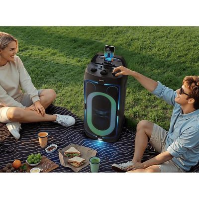 Altavoz de gran potencia - Samsung MX-ST50F/ZF, Portátil para fiestas, Asa de transporte y ruedas, Iluminación personalizable, Aut 18h, 240 W, Negro