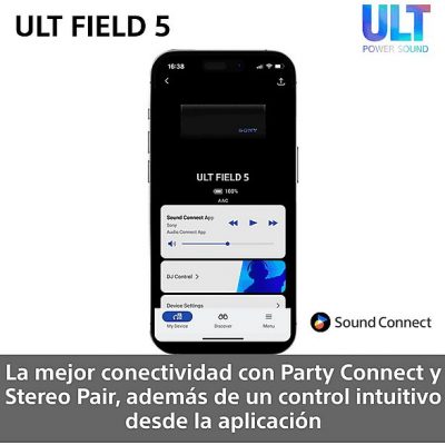 Altavoz inalámbrico - Sony ULT FIELD 5 (SRSULT50B), Bluetooth portátil, ULT POWER SOUND, 25 h, IP67, Resistente al agua, Correa, Con luces, Negro