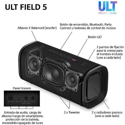 Altavoz inalámbrico - Sony ULT FIELD 5 (SRSULT50B), Bluetooth portátil, ULT POWER SOUND, 25 h, IP67, Resistente al agua, Correa, Con luces, Negro
