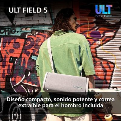 Altavoz inalámbrico - Sony ULT FIELD 5 (SRSULT50W), Bluetooth portátil, ULT POWER SOUND, 25 h, IP67, Resistente al agua, Correa, Con luces, Blanco