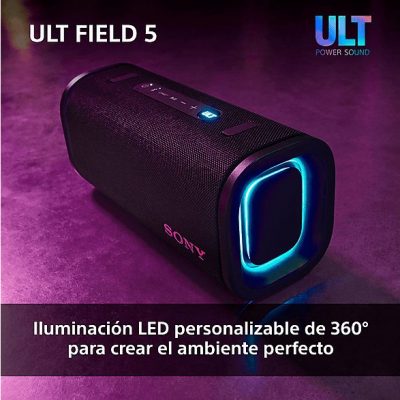 Altavoz inalámbrico - Sony ULT FIELD 5 (SRSULT50W), Bluetooth portátil, ULT POWER SOUND, 25 h, IP67, Resistente al agua, Correa, Con luces, Blanco