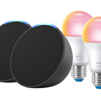 Altavoz inteligente - AMAZON 2 Amazon Echo Pop + Bombilla Wiz, Negro