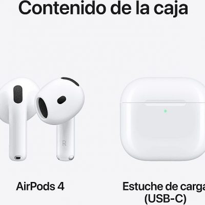 Apple AirPods 4 (2024 4ª gen), Inalámbricos, Bluetooth®, Estuche de carga USB-C, Chip H2, Siri, USB-C, Blanco