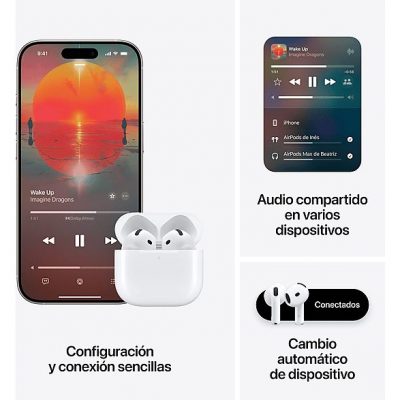 Apple AirPods 4 con Cancelación Activa de Ruido (2024 4ª gen), Inalámbricos, Bluetooth®, Estuche de carga USB-C con altavoz, Chip H2, Siri, Blanco