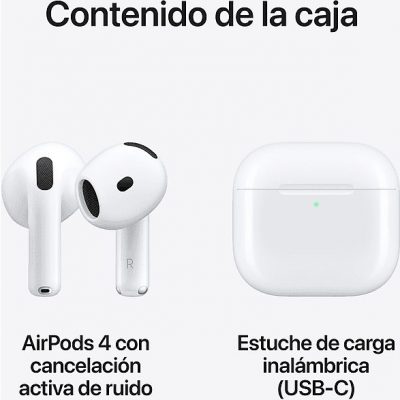 Apple AirPods 4 con Cancelación Activa de Ruido (2024 4ª gen), Inalámbricos, Bluetooth®, Estuche de carga USB-C con altavoz, Chip H2, Siri, Blanco