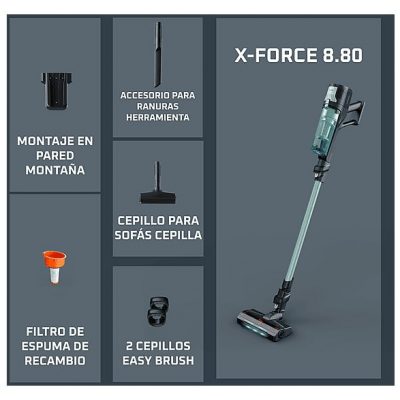 Aspirador escoba - Rowenta X-FORCE 8.80 RH1833, 250 W, 100 AW, 45 min Autonomía, 0.44 L, Ligera, 1.3 Kg, Limpieza 4 en 1, Verde, Gris