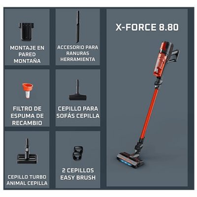 Aspirador escoba - Rowenta  X Force 8.80 RH1872E, 250 W, Potencia succión 100 AW, 1.3 kg, 60 min autonomía, 0.44 l, Ligera, Especial Mascotas, Rojo