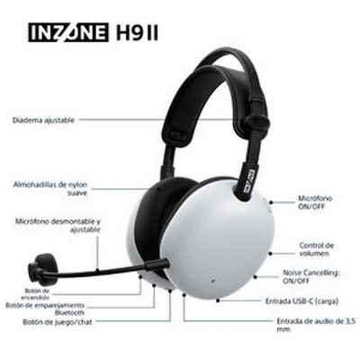 Auriculares gaming - Sony INZONE H9 II, Inalámbricos, Noise Cancelling, Fnatic, Micrófono, IA, 30h, Bluetooth/LE/2,4 GHz, Ligeros, PC, WHG910N, Blanco