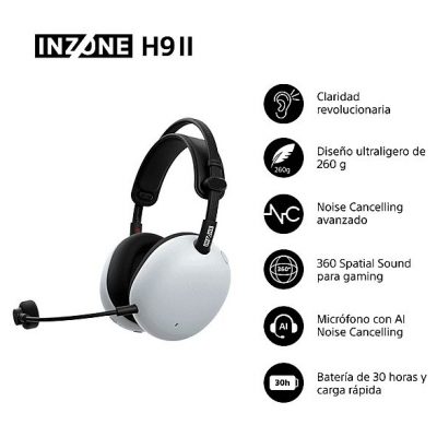Auriculares gaming - Sony INZONE H9 II, Inalámbricos, Noise Cancelling, Fnatic, Micrófono, IA, 30h, Bluetooth/LE/2,4 GHz, Ligeros, PC, WHG910N, Blanco