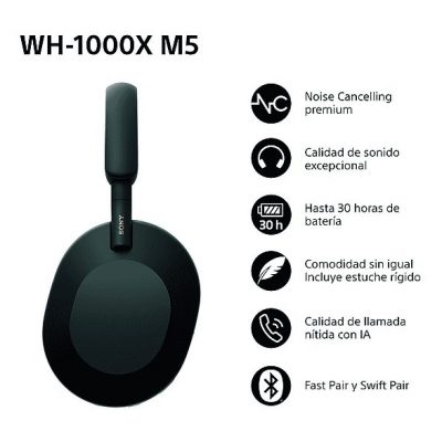 Auriculares inalámbricos - Sony WH-1000XM5B, Estuche rígido, Cancelación ruido, 30h, Hi-Res, Carga Rápida, Llamada Nítida, Bluetooth, Diadema, Negro