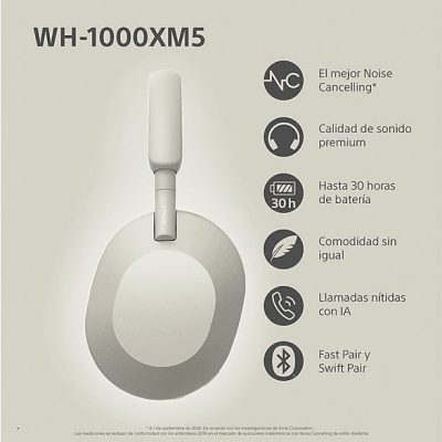 Auriculares inalámbricos - Sony WH-1000XM5S, Cancelación ruido (Noise Cancelling), 30h, Hi-Res, Carga Rápida, Con Asistente, Bluetooth, Diadema, Plata