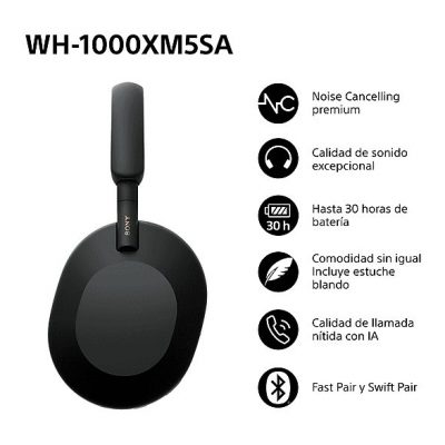 Auriculares inalámbricos - Sony WH-1000XM5SA, Estuche blando, Cancelación ruido , 30h, Hi-Res, Carga Rápida, Bluetooth, Diadema, iOS/Android, Negro