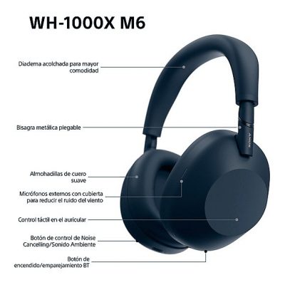 Auriculares inalámbricos - Sony WH-1000XM6, Cancelación ruido, 30h Autonomía, Hi-Res, Carga Rápida, Cómodo, Plegable, iOS/Android, Azul