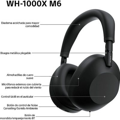 Auriculares inalámbricos - Sony WH-1000XM6, Cancelación ruido, 30h Autonomía, Hi-Res, Carga Rápida, Cómodo, Plegable, iOS/Android, Negro