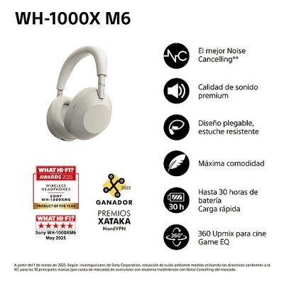 Auriculares inalámbricos - Sony WH-1000XM6, Cancelación ruido, 30h Autonomía, Hi-Res, Carga Rápida, Cómodo, Plegable, iOS/Android, Plata