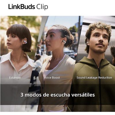 Auriculares True Wireless - Sony LinkBuds Clip, Estilo abierto, 3 modos de escucha, IPX4, Llamadas nítidas, 37 horas, IA, Táctil, iOS/Android, Lavanda