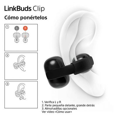 Auriculares True Wireless - Sony LinkBuds Clip, Estilo abierto, 3 modos de escucha, IPX4, Llamadas nítidas, 37 horas, IA, Táctil, iOS/Android, Negro