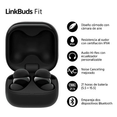 Auriculares True Wireless - Sony LinkBuds Fit, Cancelación de ruido (Noise Cancelling), Bluetooth, HiRes, 21 horas, iOS y Android, Google, IPX4, Negro