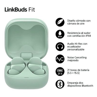 Auriculares True Wireless - Sony LinkBuds Fit, Cancelación de ruido (Noise Cancelling), Bluetooth, HiRes, 21 horas, iOS y Android, Google, IPX4, Verde