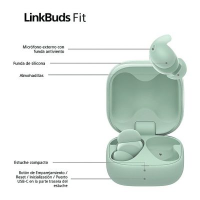 Auriculares True Wireless - Sony LinkBuds Fit, Cancelación de ruido (Noise Cancelling), Bluetooth, HiRes, 21 horas, iOS y Android, Google, IPX4, Verde