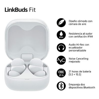 Auriculares True Wireless - Sony LinkBuds Fit, Cancelación de ruido (Noise Cancelling), Bluetooth, HiRes, 21 horas, iOS y Android, Google, IPX4,Blanco