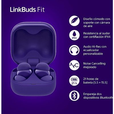 Auriculares True Wireless - Sony LinkBuds Fit, Cancelación de ruido (Noise Cancelling), Bluetooth, HiRes, 21 horas, iOS y Android, Google, IPX4,Morado