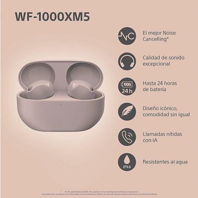 Auriculares True Wireless - Sony WF1000XM5P, Cancelación de ruido (Noise Cancelling), Hi-Res, Google assistant, Alexa, Siri, 24 horas, IPX4, Rosa