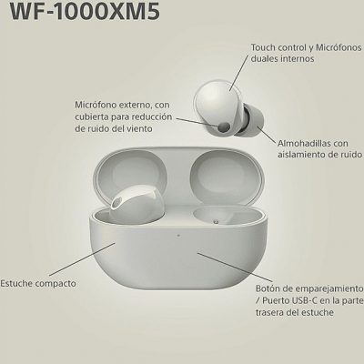 Auriculares True Wireless - Sony WF1000XM5S, Cancelación de ruido (Noise Cancelling), Hi-Res, Google assistant, Alexa, Siri, 24 horas, IPX4, Plata