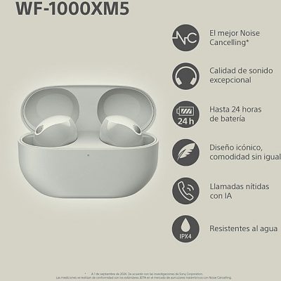 Auriculares True Wireless - Sony WF1000XM5S, Cancelación de ruido (Noise Cancelling), Hi-Res, Google assistant, Alexa, Siri, 24 horas, IPX4, Plata