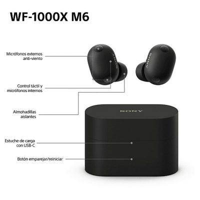 Auriculares True Wireless - Sony WF1000XM6, Cancelación de ruido (ANC), Hi-Res, Bluetooth, Llamadas nítidas, 24 horas, IPX4, iOS/Android, Negro