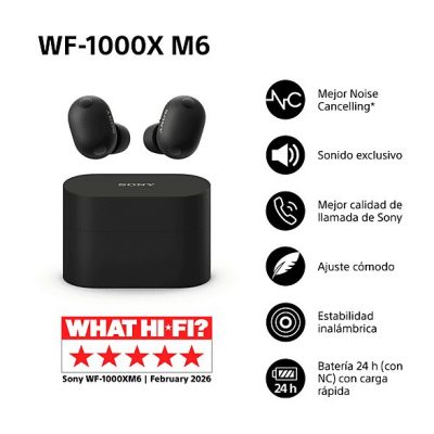 Auriculares True Wireless - Sony WF1000XM6, Cancelación de ruido (ANC), Hi-Res, Bluetooth, Llamadas nítidas, 24 horas, IPX4, iOS/Android, Negro