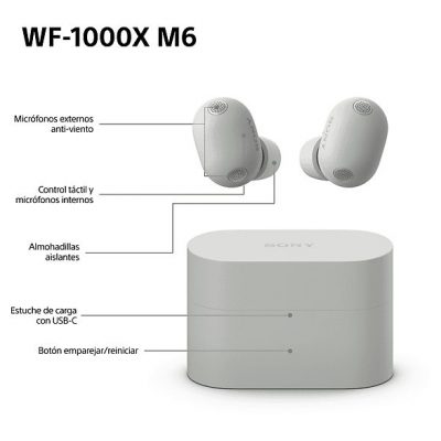 Auriculares True Wireless - Sony WF1000XM6, Cancelación de ruido (ANC), Hi-Res, Bluetooth, Llamadas nítidas, 24 horas, IPX4, iOS/Android, Plata