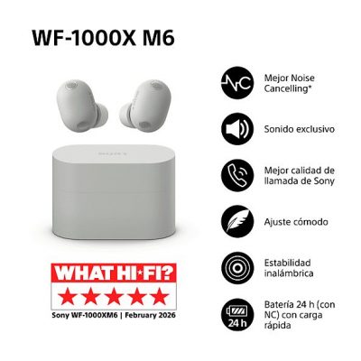 Auriculares True Wireless - Sony WF1000XM6, Cancelación de ruido (ANC), Hi-Res, Bluetooth, Llamadas nítidas, 24 horas, IPX4, iOS/Android, Plata