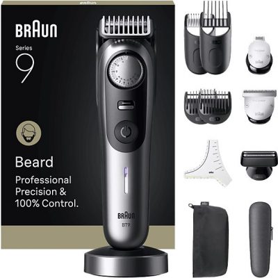 Barbero - Braun Series 9 BT9560, 12 Accesorios para barba, 52 ajustes de longitud, Bloqueo de precisión, Lámina ProBlade, PowerBoost, Wet&Dry, Cromo