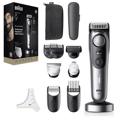 Barbero - Braun Series 9 BT9560, 12 Accesorios para barba, 52 ajustes de longitud, Bloqueo de precisión, Lámina ProBlade, PowerBoost, Wet&Dry, Cromo