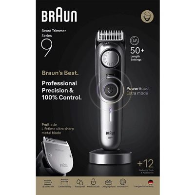 Barbero - Braun Series 9 BT9560, 12 Accesorios para barba, 52 ajustes de longitud, Bloqueo de precisión, Lámina ProBlade, PowerBoost, Wet&Dry, Cromo