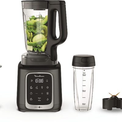 Batidora de vaso - Moulinex InfinyMix+ LM91HD, 1600 W, 2.6 L, 6 Cuchillas, 10 velocidades, Tecnología Powelix, 5 Programas, Vaso Tritan, Titanio