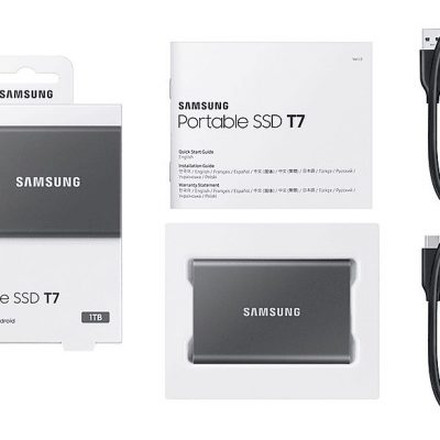 Disco duro externo 1 TB - Samsung T7 MU-PC1T0T/WW, SSD, Hasta 1050 MB/s, USB 3.2 Gen.2 (10Gbps), Gris