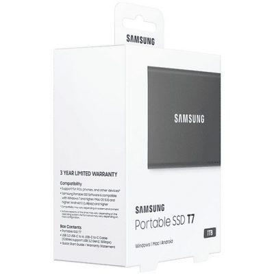 Disco duro externo 1 TB - Samsung T7 MU-PC1T0T/WW, SSD, Hasta 1050 MB/s, USB 3.2 Gen.2 (10Gbps), Gris