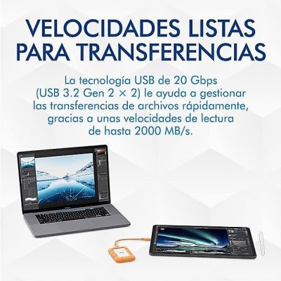 Disco duro SSD externo 1TB - Lacie Rugged Mini, 1TB, USB-C, 2.5", Naranja