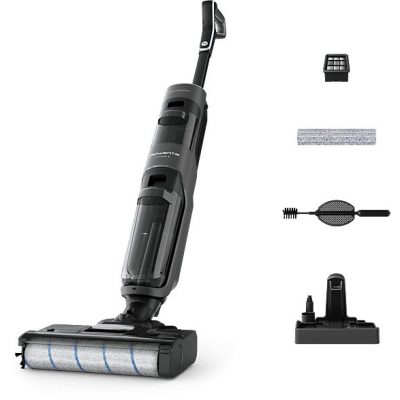 Fregona eléctrica  - Rowenta X Clean 4 GZ5035, 2 en 1, Aspira y friega, Sin cables, 200 W, Smart, Autonomía 50 min, Autolimpieza, Negro