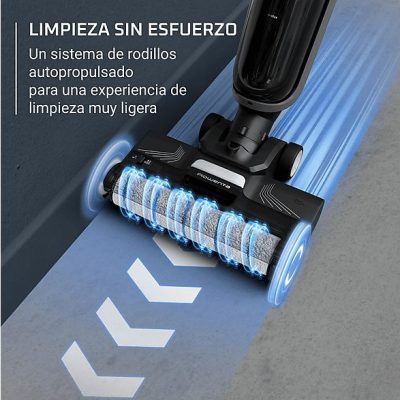 Fregona eléctrica  - Rowenta X Clean 4 GZ5035, 2 en 1, Aspira y friega, Sin cables, 200 W, Smart, Autonomía 50 min, Autolimpieza, Negro