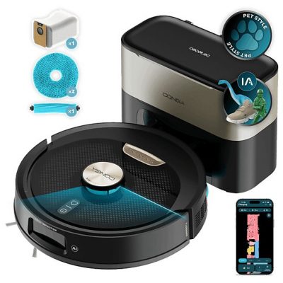 Robot aspirador - Cecotec Conga Y100 Spin AI, 20000 Pa, 220 m², Navegación láser, Autovaciado, Especial mascotas, Negro